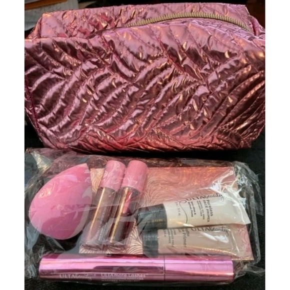NEW ULTA 9 PC PINK METALLIC BAG EYESHADOW LIPGLOSS MASCARA FACE/EYE PRIMER NWT! - Picture 2 of 4
